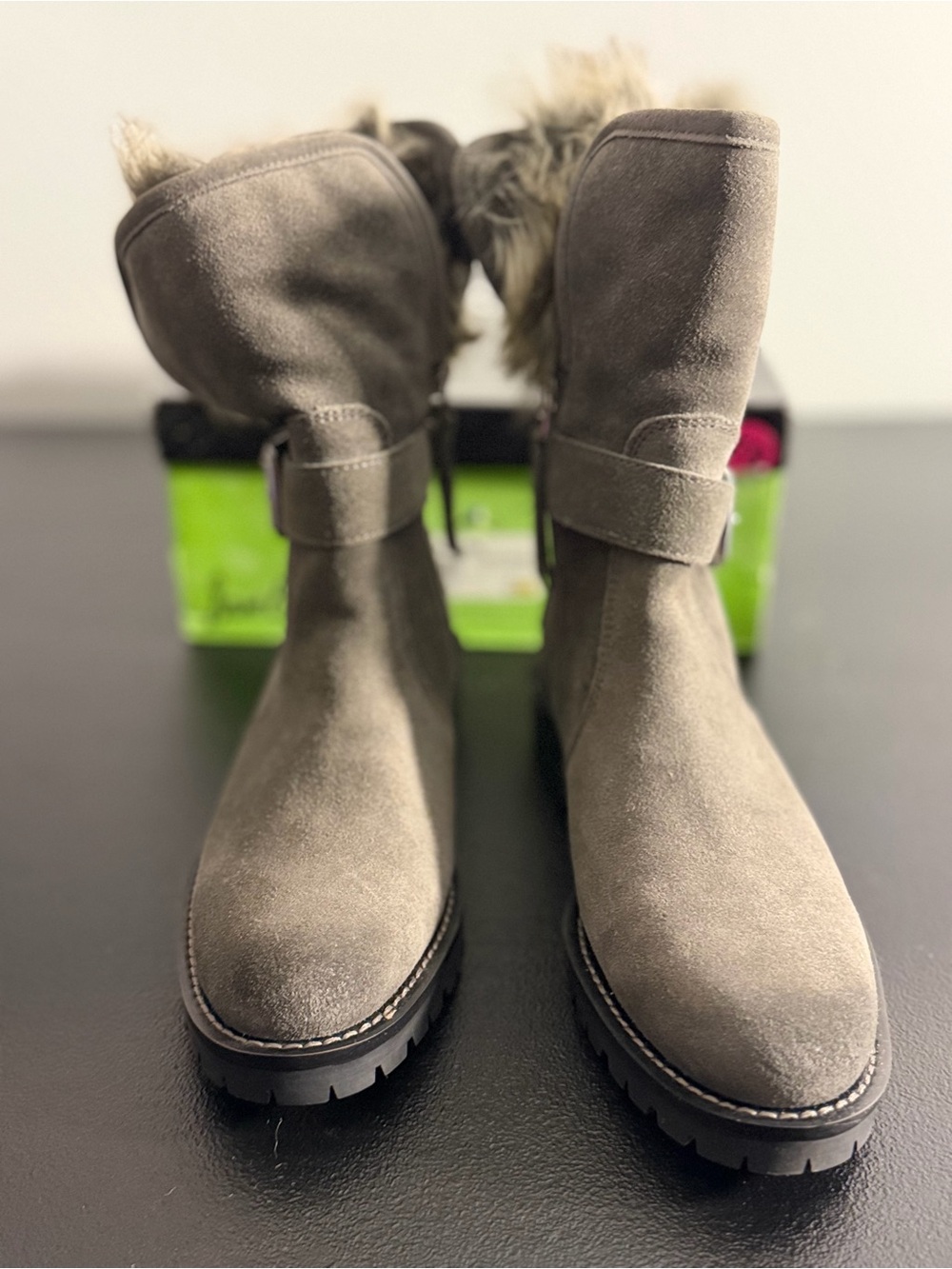 Sam Edelman Taupe Suede Fur-Trim Ankle Booties